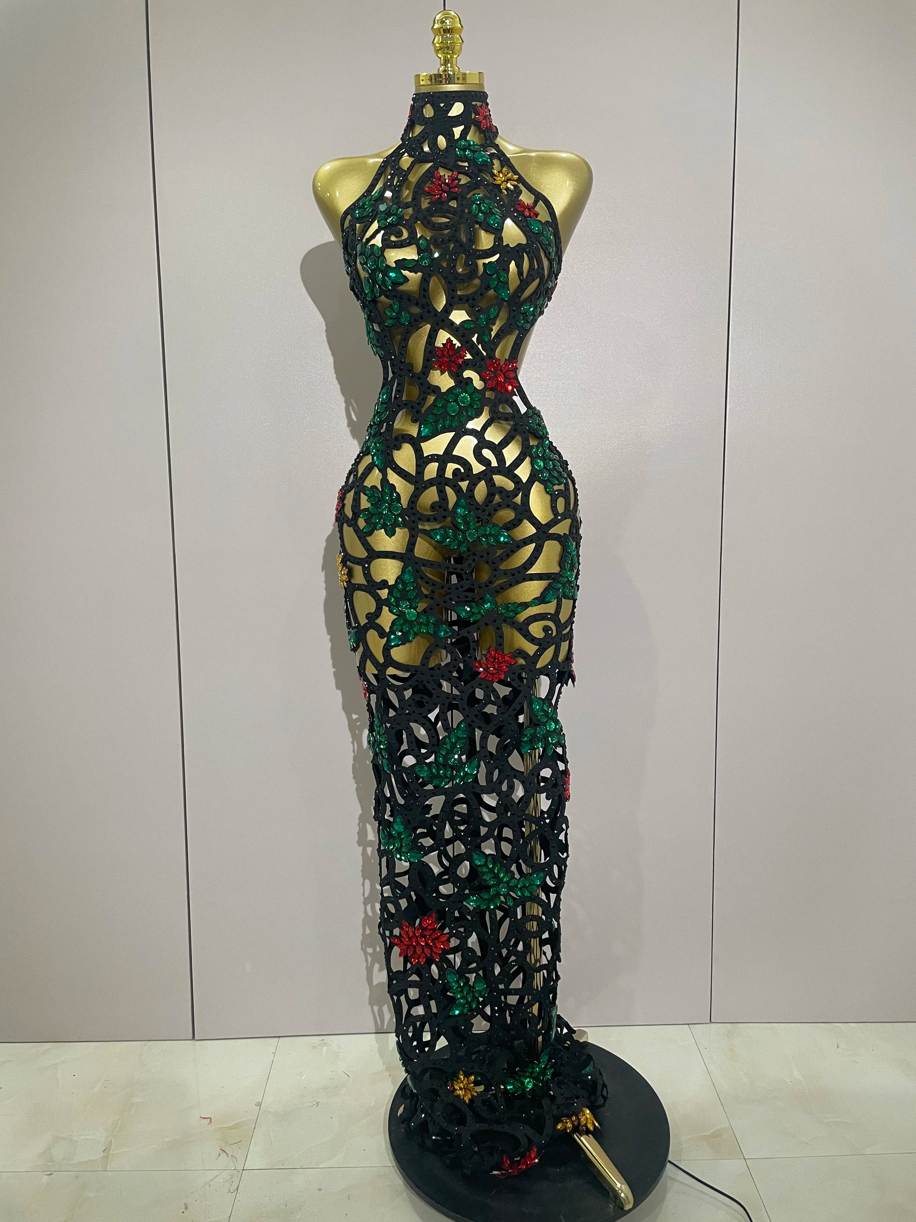 Sexy Shiny Colorful Rhinestone Hollow Out Long Dress Women Celebrate Evening party Nightclub Singer Stage Photo Shoot Costume black