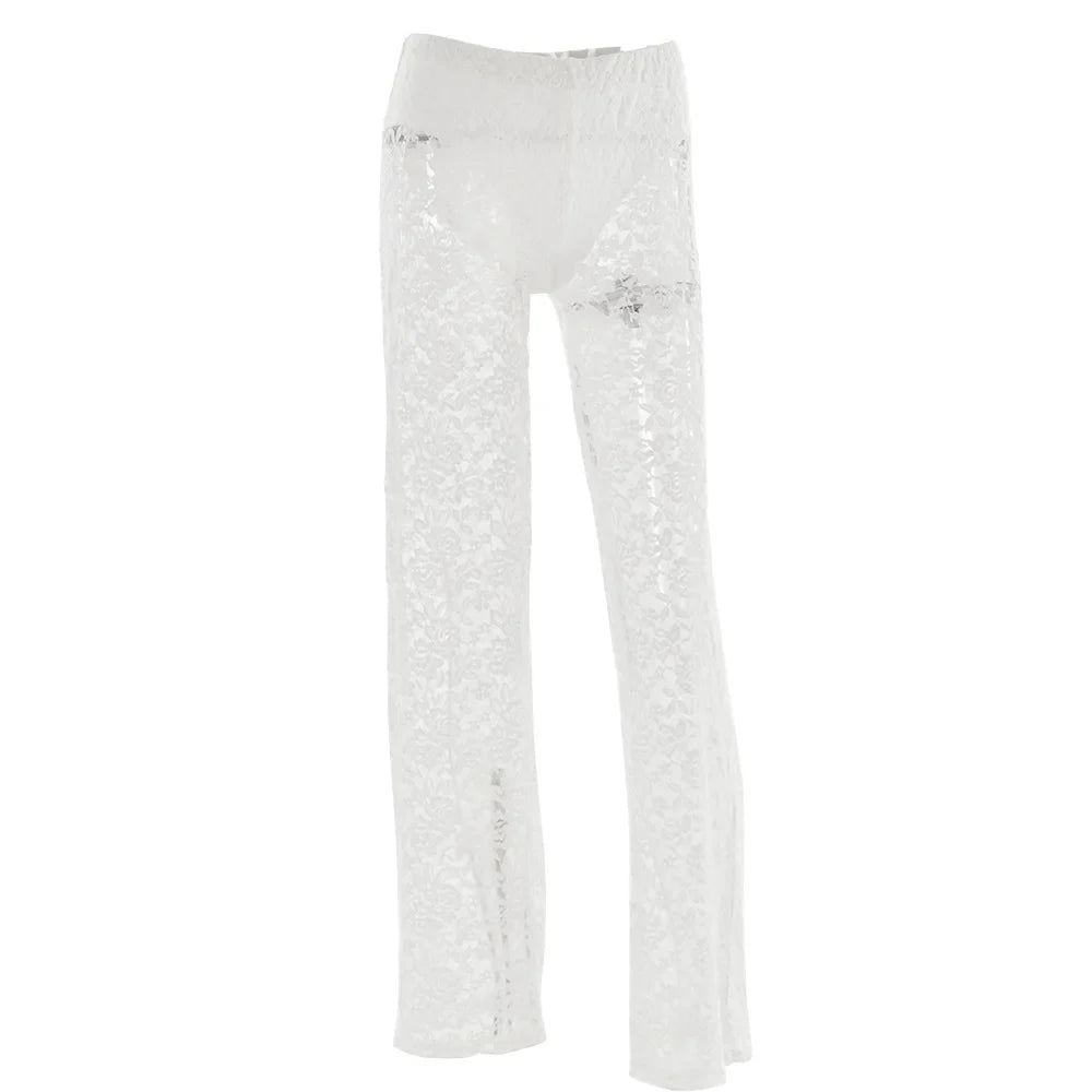 Women Clothing Lace Pant Summer New Female Sexy Club Hollow Out White Black High Waist Long Trousers Fashion Streetwear W2304005white