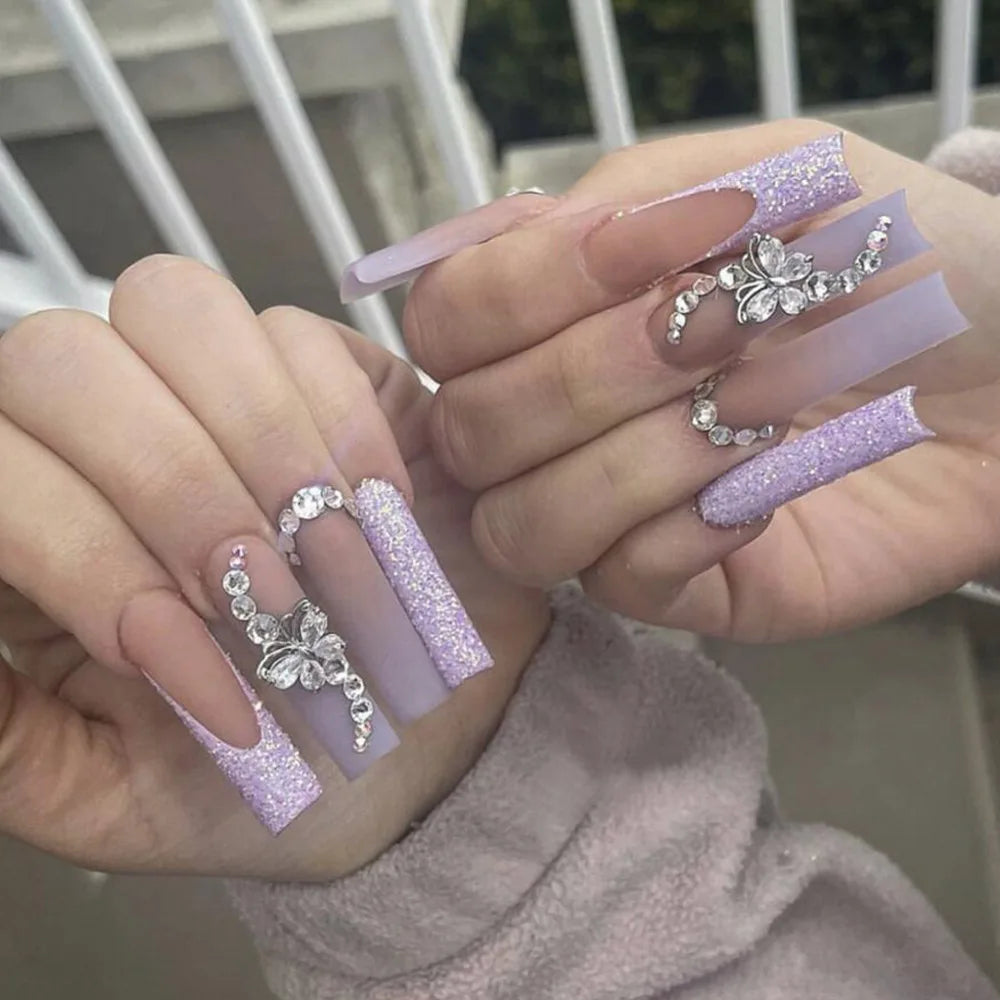 24Pcs Long Ballet False Nails with Butterfly Rhinestone Design Coffin French Fake Nails Purple Press on Nails Wearable Nail Art 162