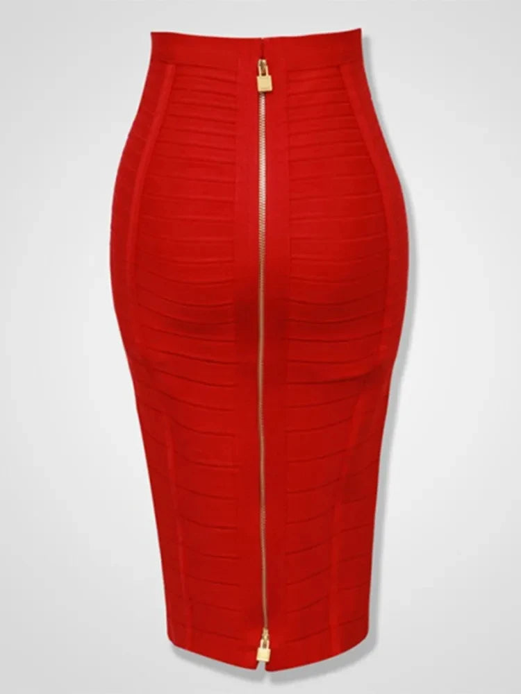 STOCK All Match Style 15 Colors Golden Zipper Package Hips Knee Length Bandage Skirt Fashion Office Lady Wear Woman Basics item Red