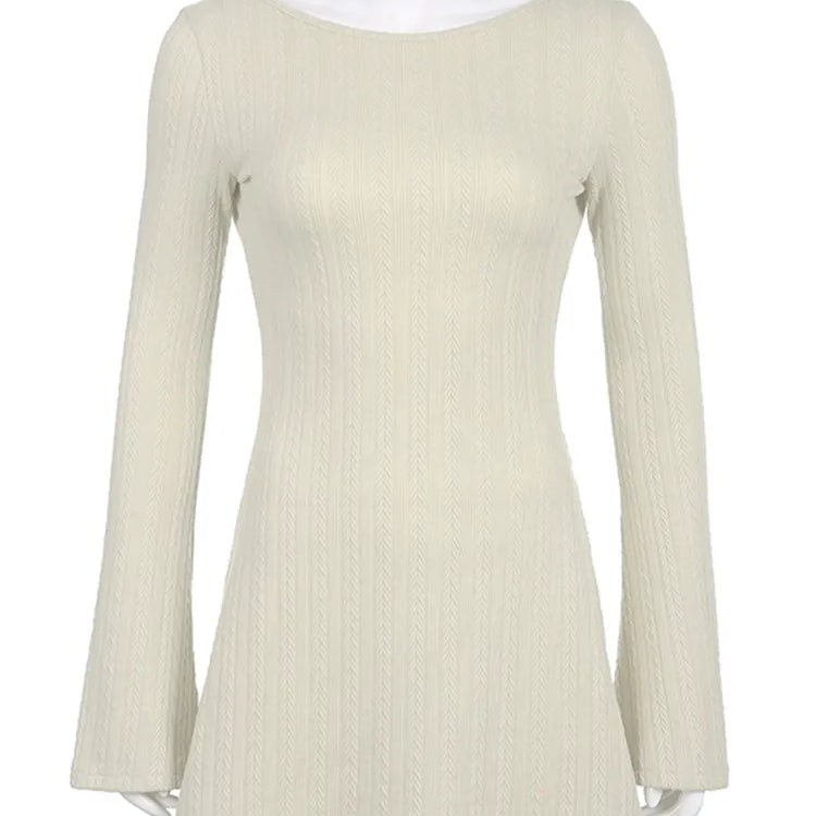 Solid Knitted Backless Dresses for Women Autumn Winter 2024 Elegant Long Sleeve Bodycon Mini Dress Casual