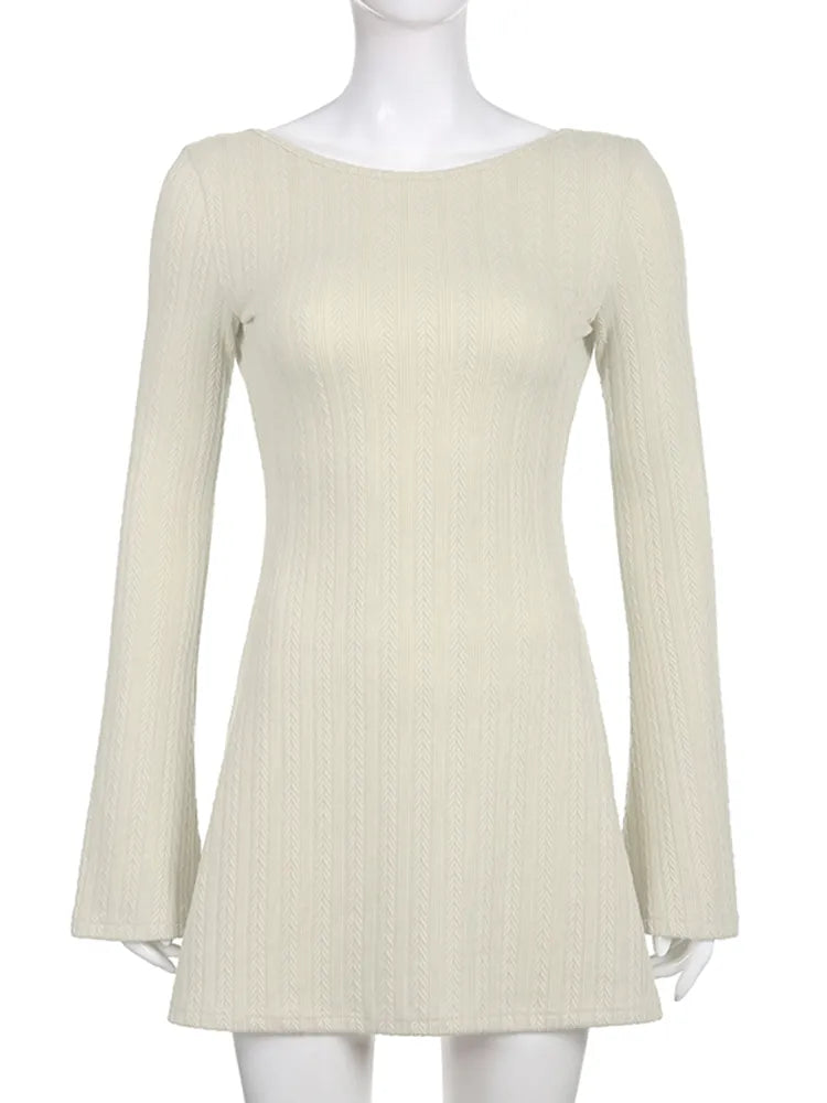 Solid Knitted Backless Dresses for Women Autumn Winter 2024 Elegant Long Sleeve Bodycon Mini Dress Casual