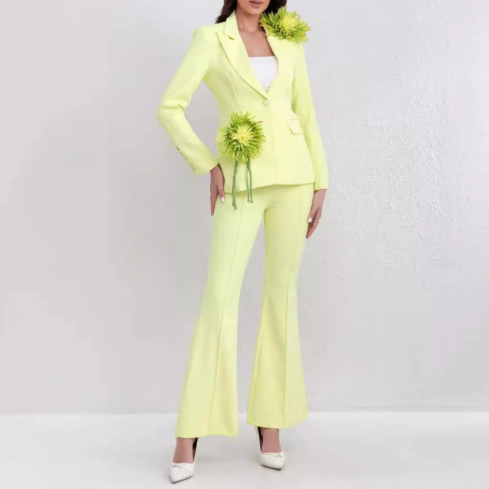 Solid Slimming Spliced 3D Flower Two Piece Sets for Women Lapel Long Sleeves Patchwork Button Top Pant Set Female YELLOW