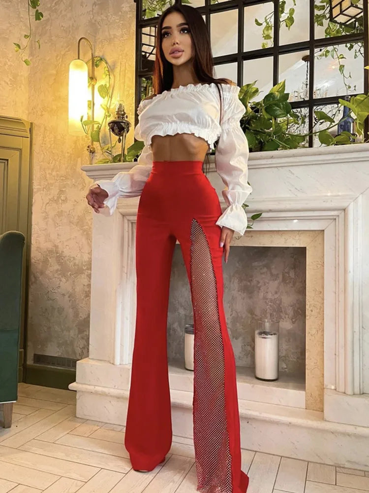 Women Summer Fashion Sexy Black Red White Crystal Dianonds Flare Bandage Pants 2022 Designer Knitted Bodycon Trouser Pants Red