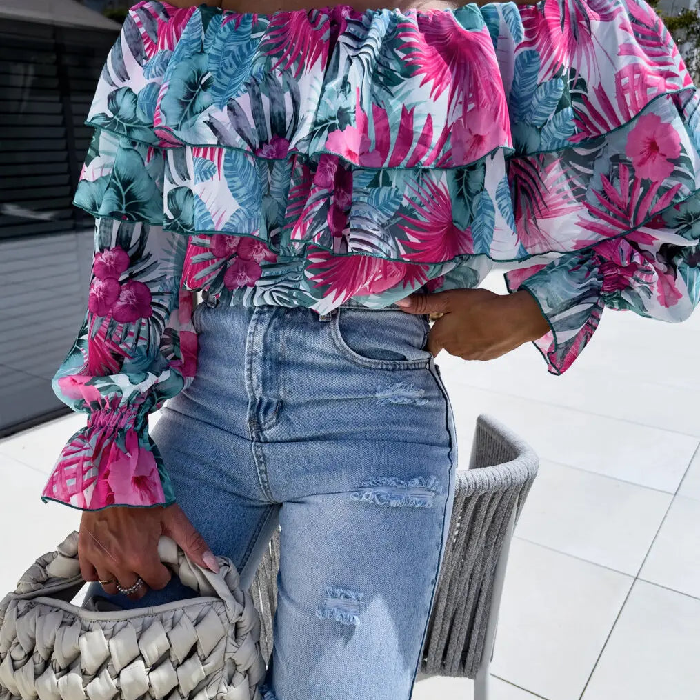 Summer Fashion Off Shoulder Printed Chiffon B LouseWomen Sexy Beach Style Slash Neck Ruffle Chiffon Blouse Women Brown