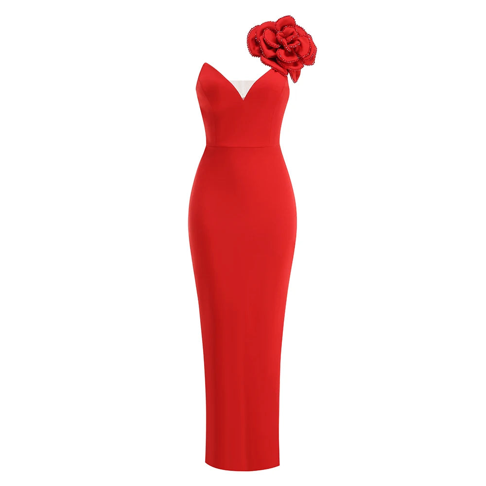 Sexy One Shoulder Diamond Flower Patchwork V Neck Backless Ankle Length Bodycon Long Dresses Evening Party Gown red
