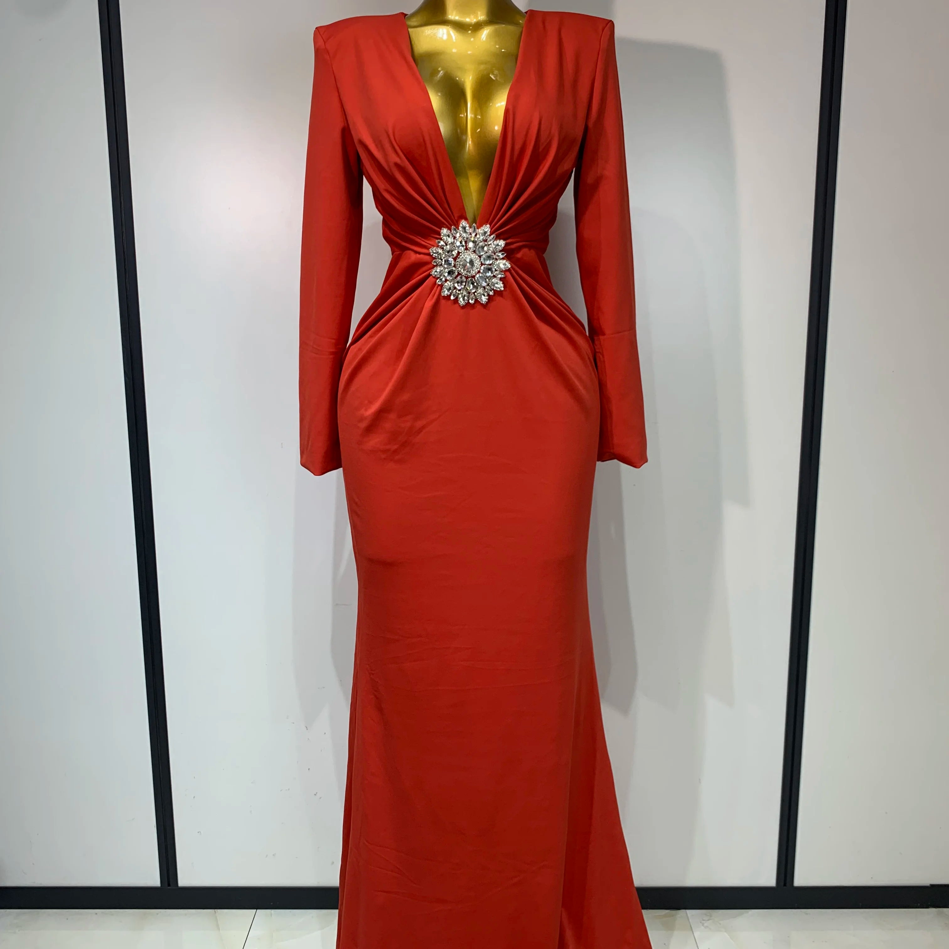 Women Long Sleeve Deep V-Neck Bodycon Long Dress Elegant Evening Party Club Celebrate Cocktail Outfit Luxuru Birthday Dress Red