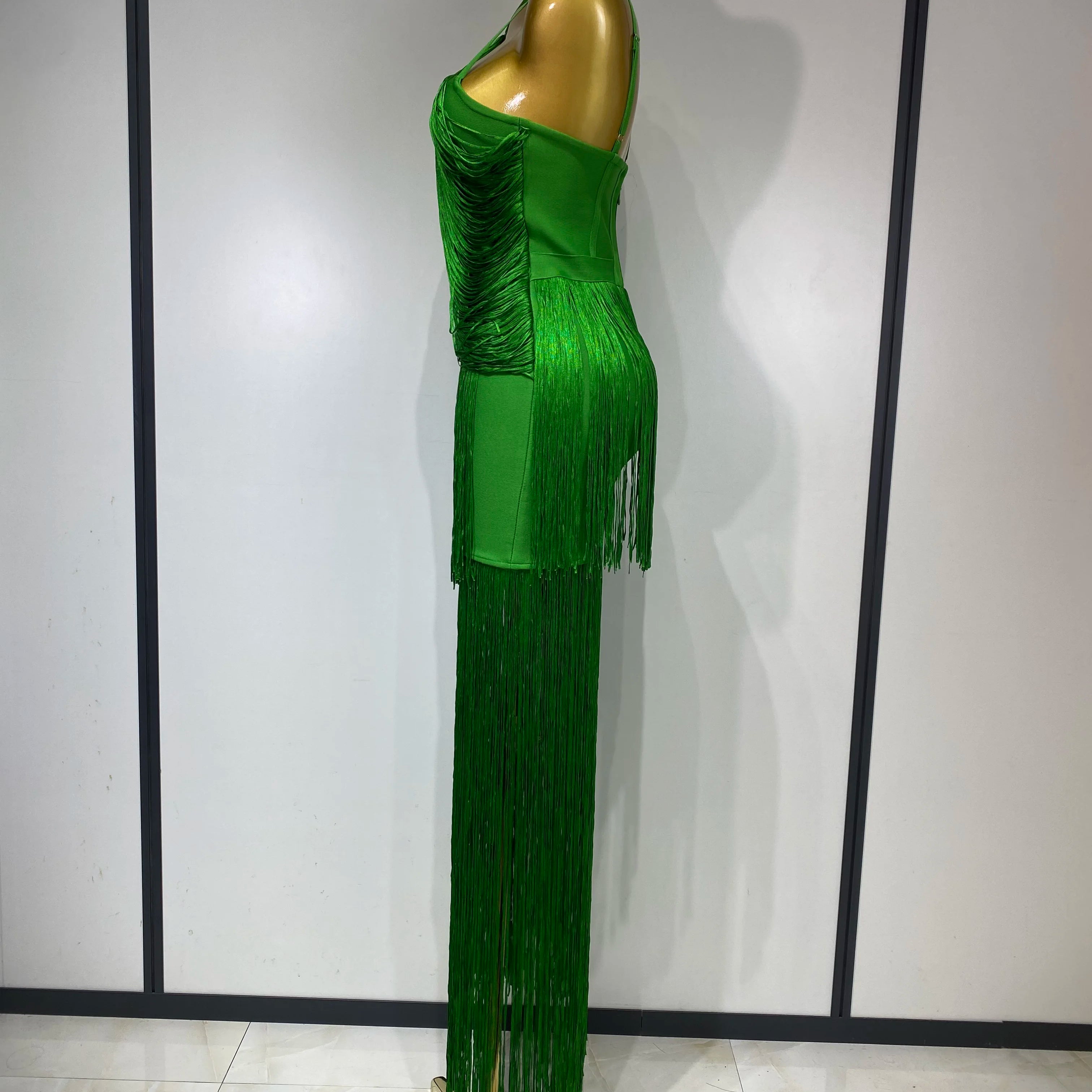 Women Sexy Backless Tassel Green Ankle Bodycon Bandage Dress 2025 Celebrity Elegant Evening Club Luxury Birthday Party Outfit ﻿