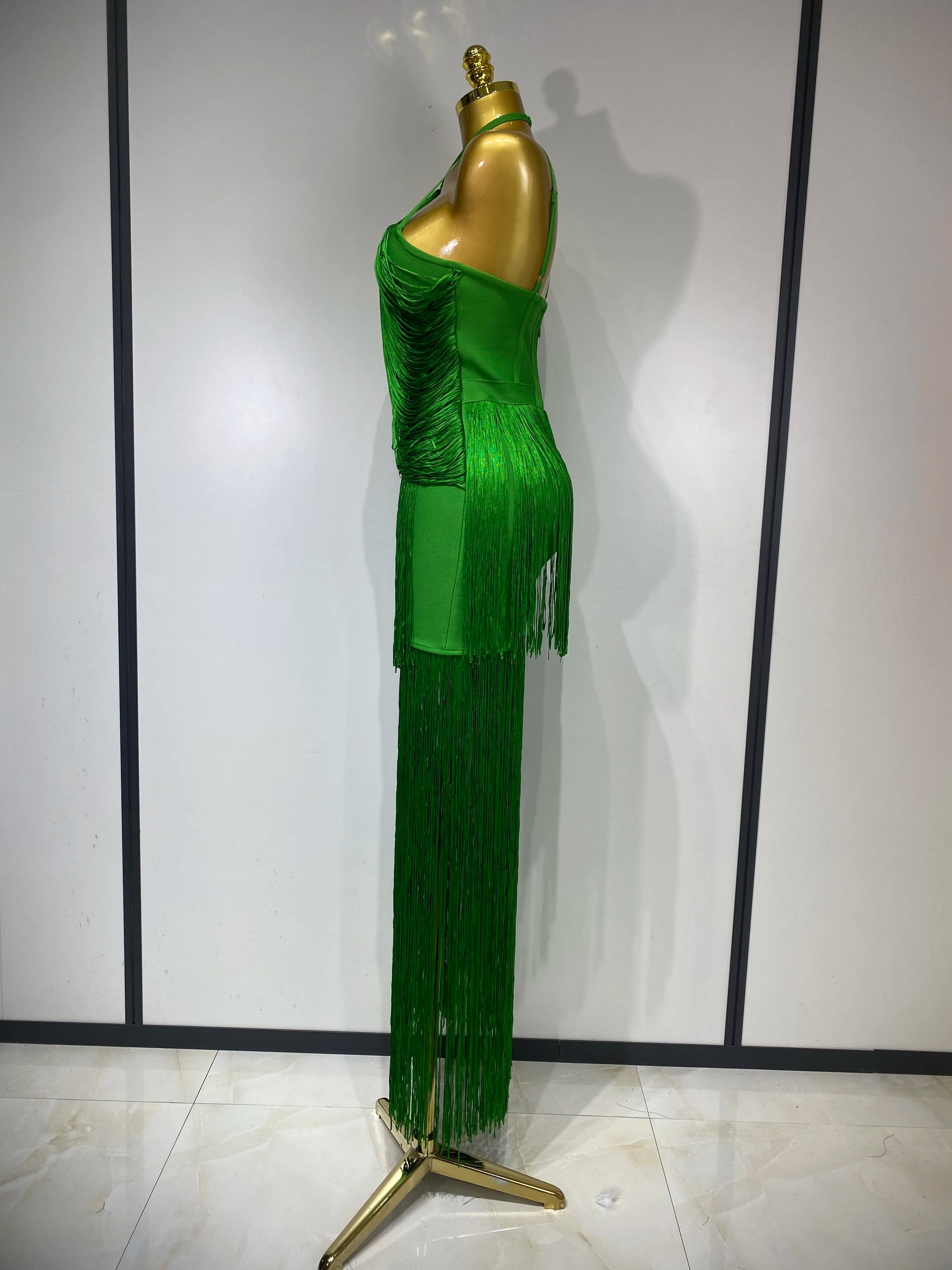 Women Sexy Backless Tassel Green Ankle Bodycon Bandage Dress 2025 Celebrity Elegant Evening Club Luxury Birthday Party Outfit ﻿