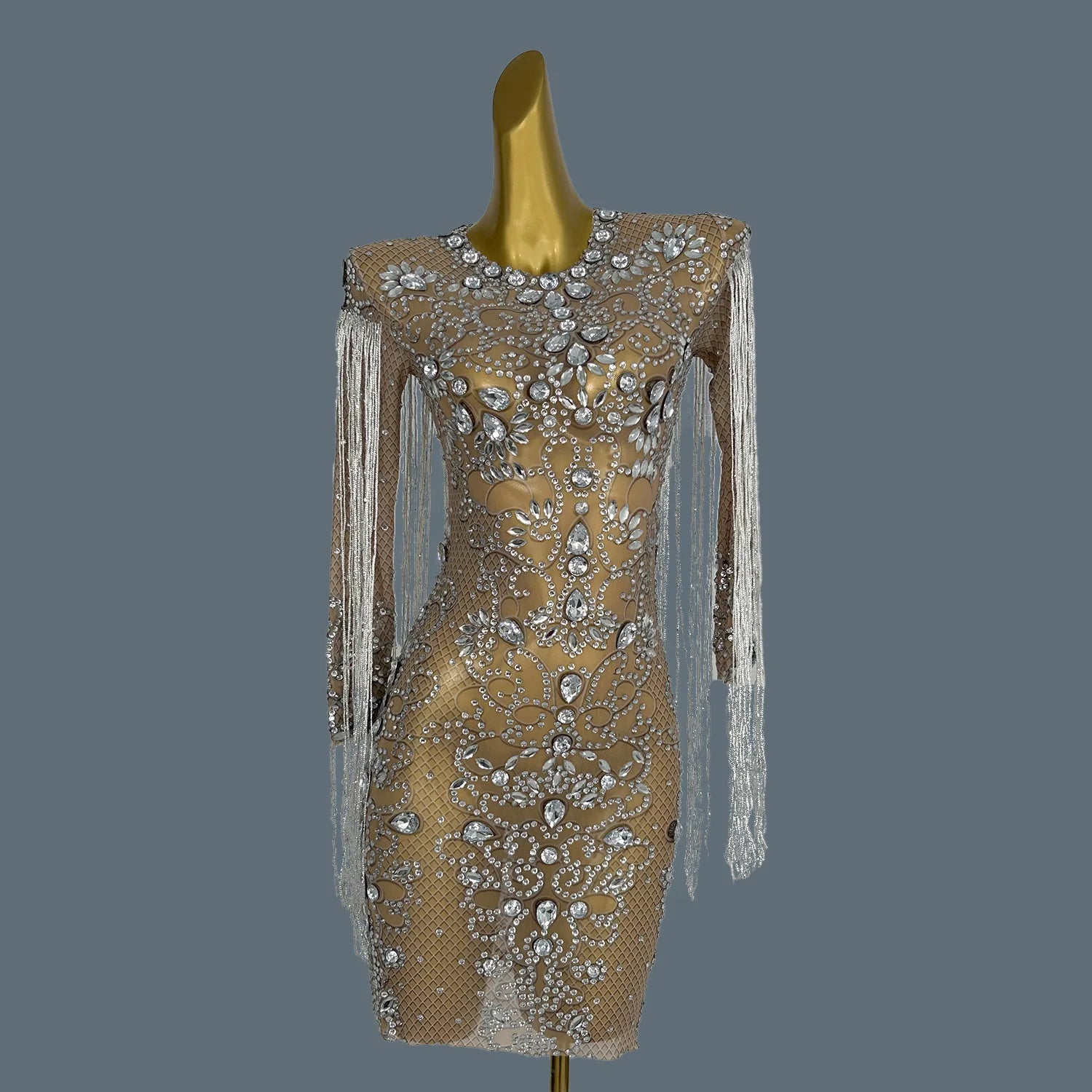 Women Luxury Rhinestone Tassel Dress Elastic Singer Club Stage Performance Costume Evening Party Celebrate Dress Vestido Hualan Nude One Size