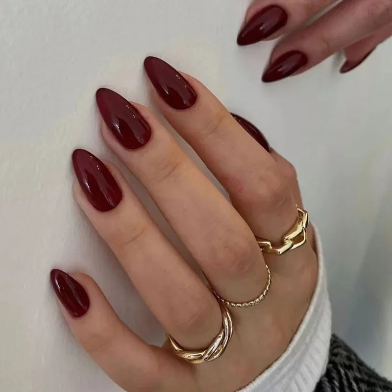 24Pcs Simple Wine Red Fake Nail with Glue Mid-length Almond Press on False Nails Wearable Round Head Oval Full Cover Nail Tips 1482