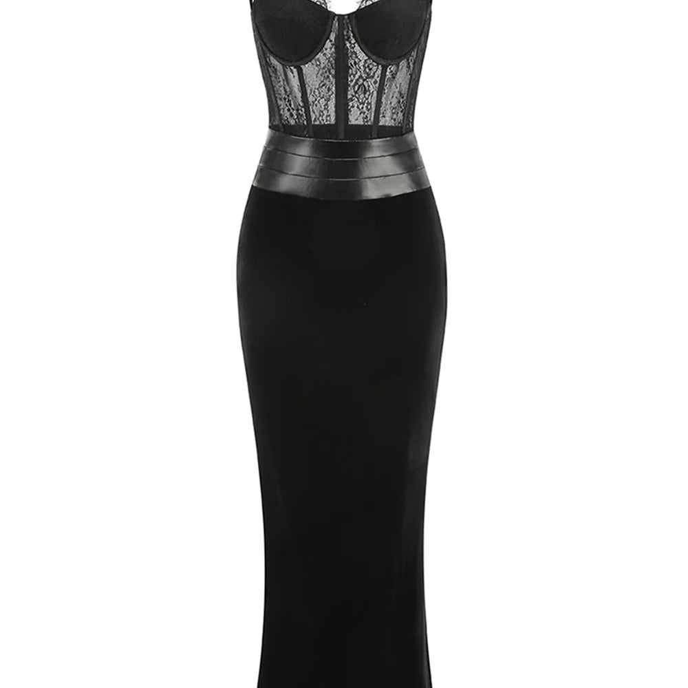 Women'S Sling Velvet Long Dress Sexy See Through Lace Slim Fishbone Dress Elegant Celebrity Evening Party Gowns