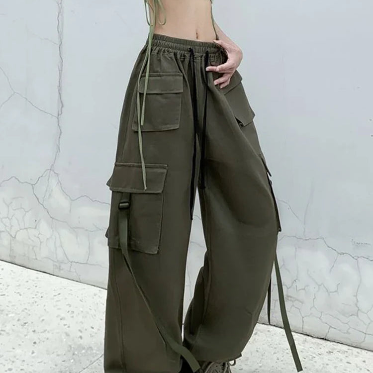 Zoki Pure Cotton Harajuku Cargo Pants Women Vintage Streetwear Oversize Bf Trousers Retro Pockets Casual Hip Hop Straight Pants