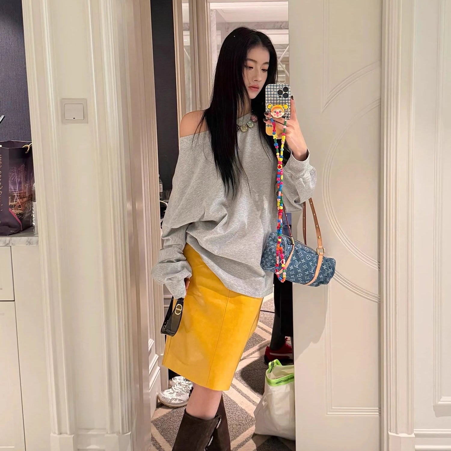 Lautaro Spring Autumn Shiny Reflective Yellow Patent Pu Leather Skirt Women with Back Slit Knee Length Luxury Designer Clothes