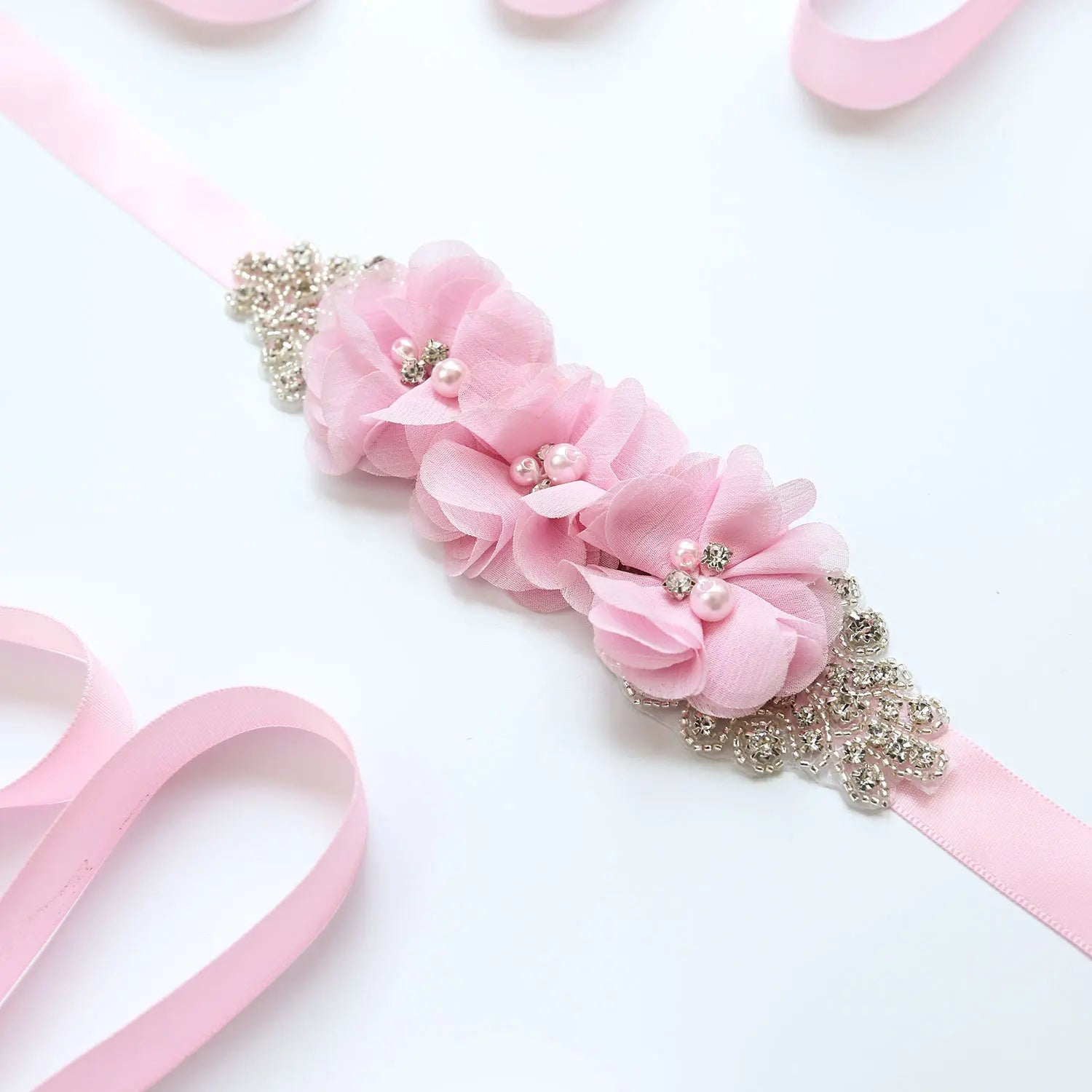 Wedding Accessories Bridal Belts Satin Flower Sash Woman Girl Belts Flower Bead Belts Floral Belt Wedding Rhinestone Flower Belt 2-Pink