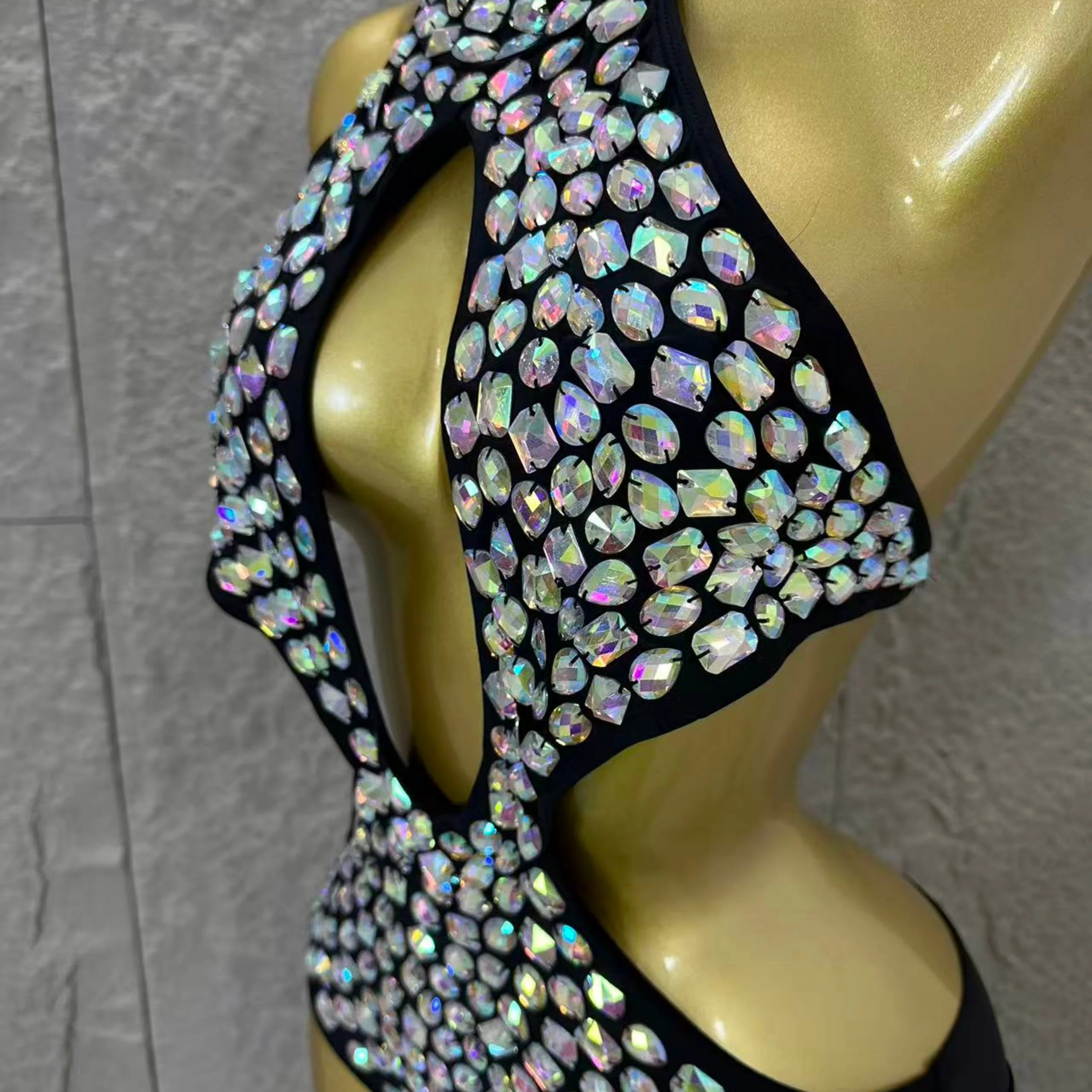 Women Sexy 2026 Luxurious Black Bodysuit Halter Neck Iridescent Crystal Embellished Cutout Outfit Stage Performance Costume