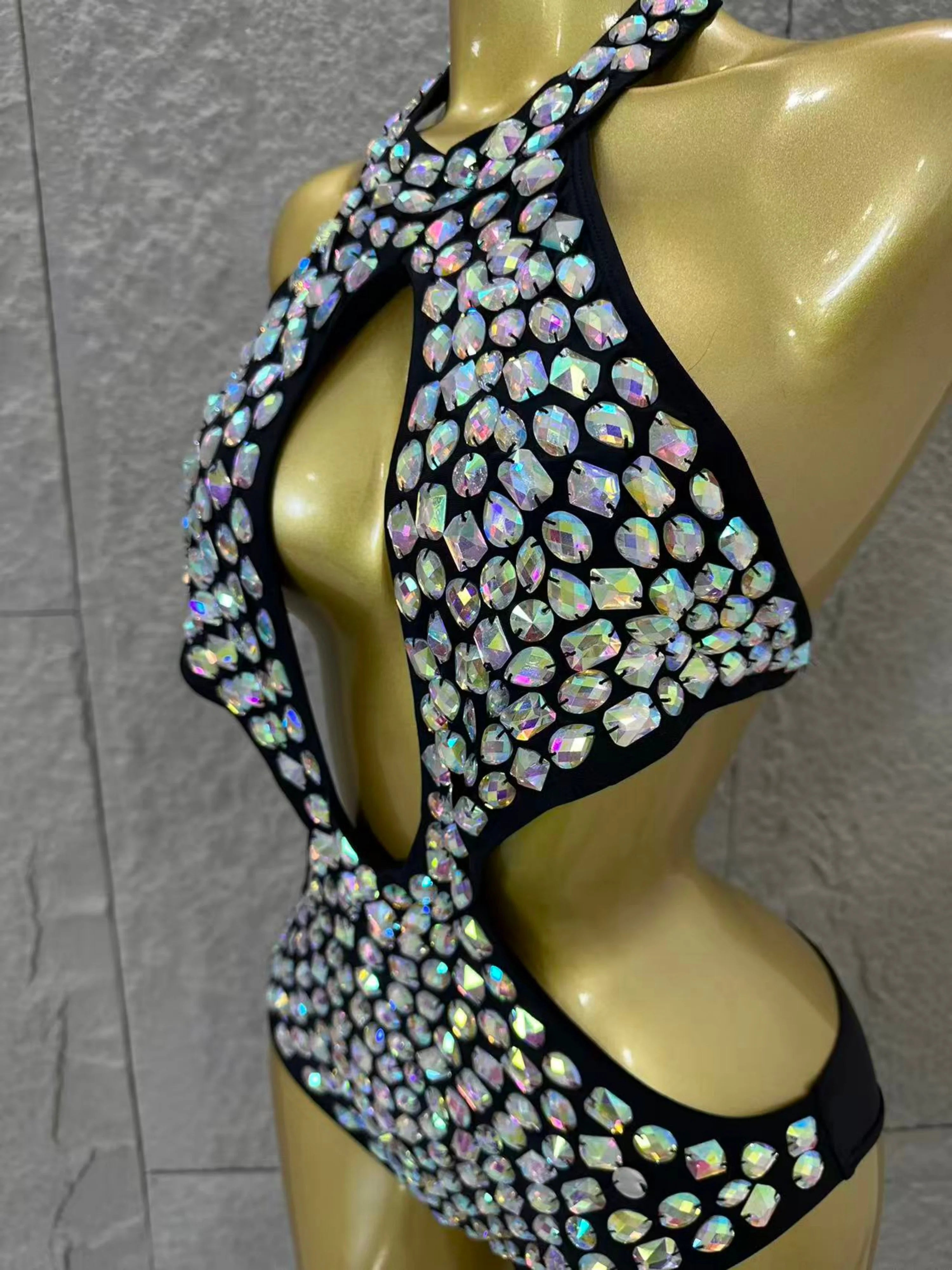 Women Sexy Halter Neck Iridescent Crystal Embellished Cutout Outfit Stage Performance Costume 2026 Luxurious Black Bodysuit