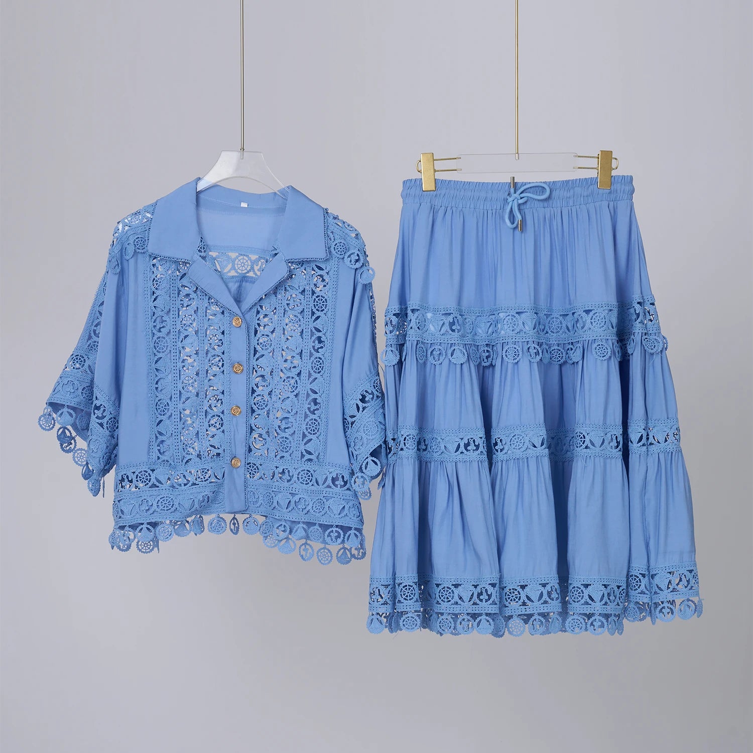 Embroidery 2 Pieces Set Women Hollow Out Loose Shirt Tops + Elastic Waist Midi Skirts Suit Summer Vacation Lace Ladies Outfit blue