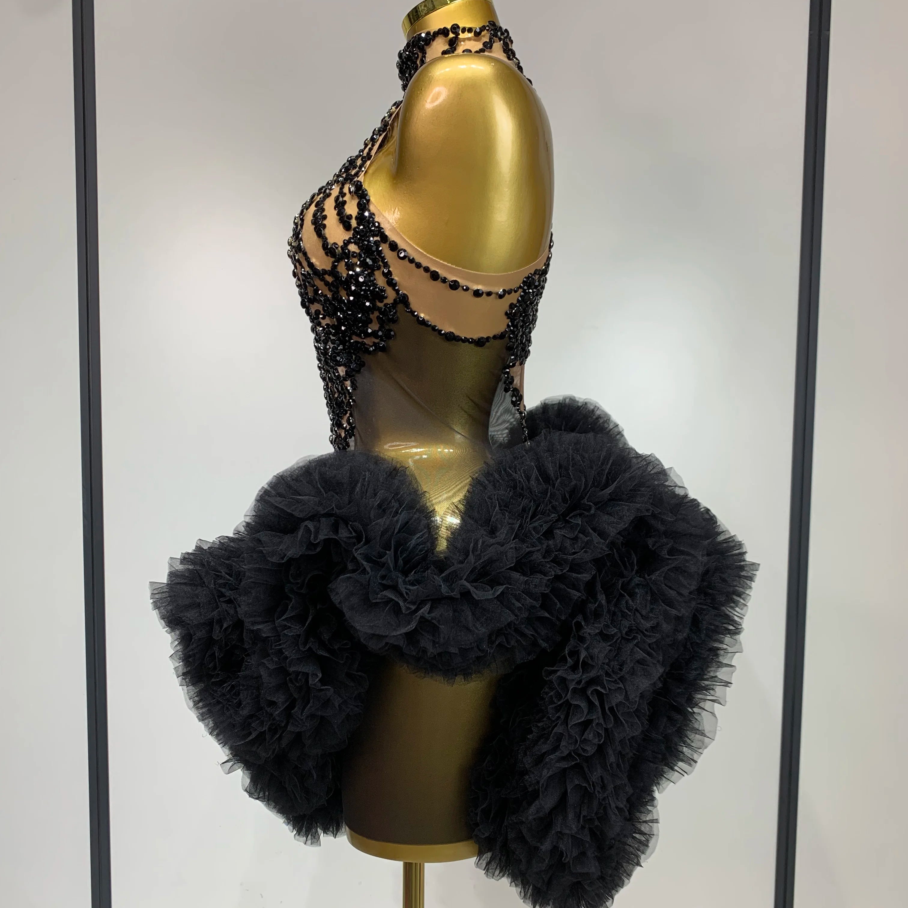 Luxury Women Sexy Sparkly Rhinestone Sleeveless Mesh See Through Bodycon Mini Birthday Dress Evening Party Performance Costume