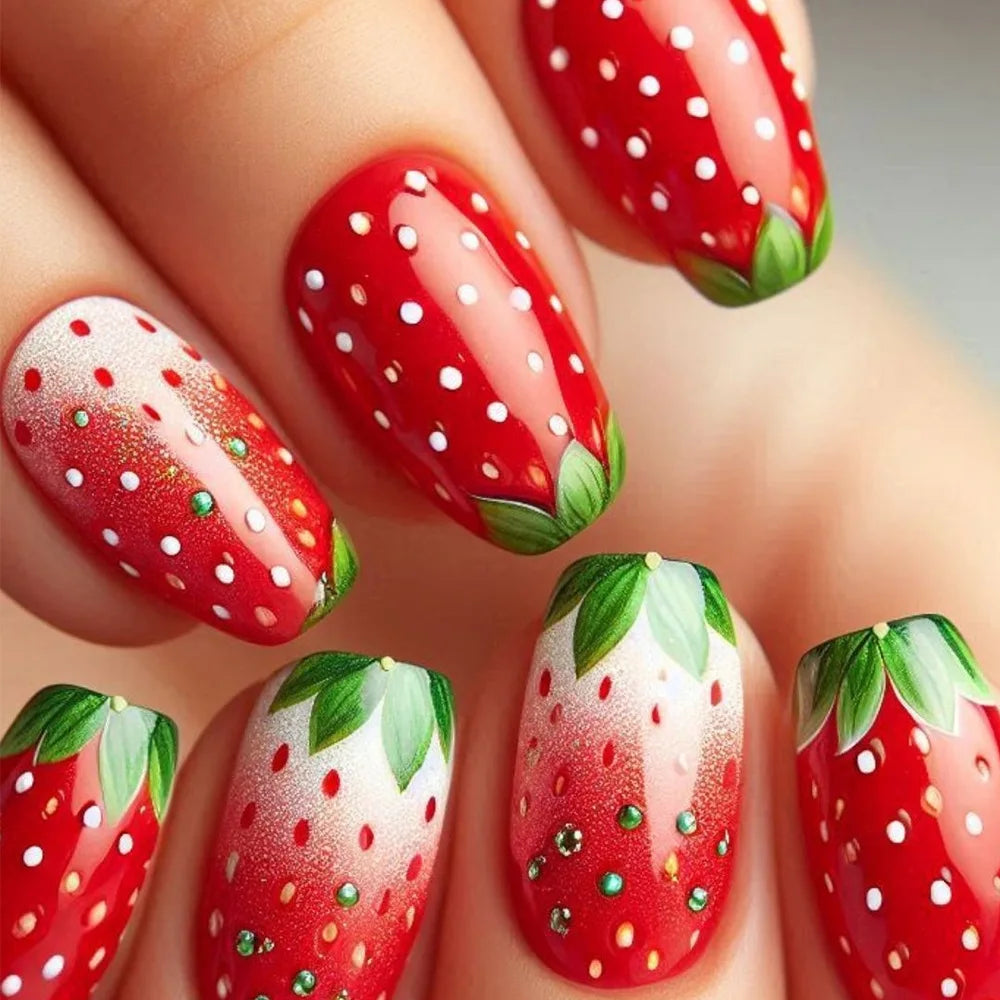 24Pcs Short Square Gradient Fake Nails with Jelly Glue Red Fresh Strawberry Fruit Flower Design Press on Nails Wearable Finished 6