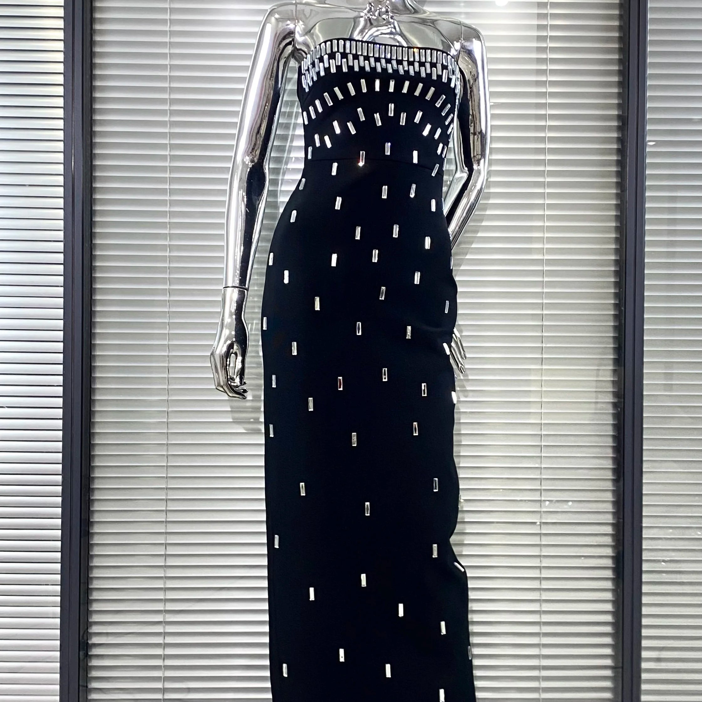2025 Sparkling Diamonds Fashion Woman Party Dress Strapless Black Bandage Ankle Length Dress Celebrity Birthday Party Outfit