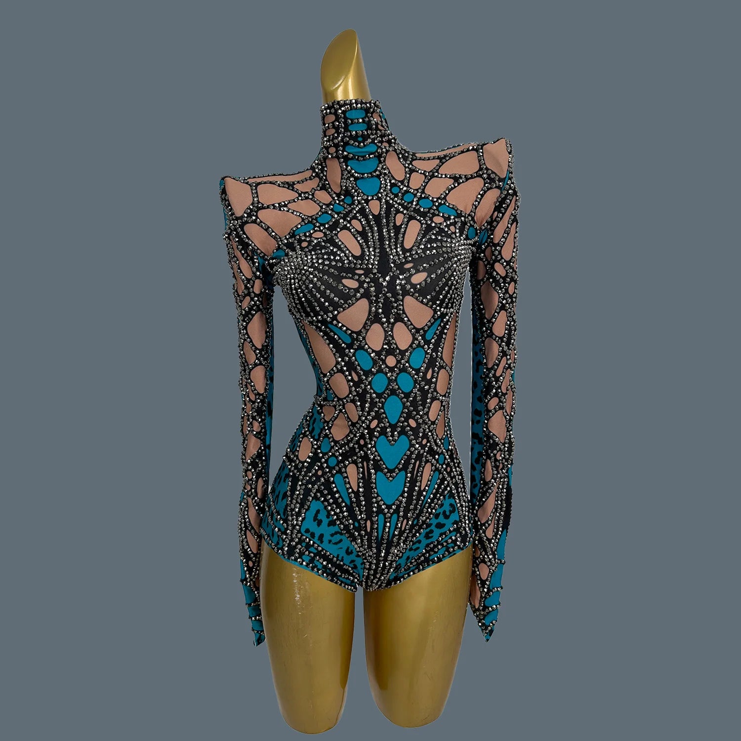 Sparkly Rhinestone Spandex Elastic Bodysuit gig Party Show Costume Fashion Women Dance Bodysuit Sexy Girls Club Wear Chongdong Blue One Size