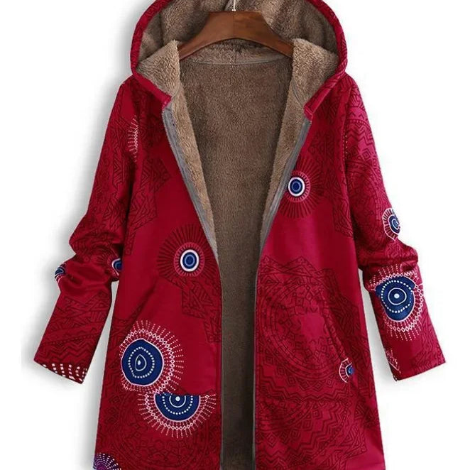 Thickened Zipper Hooded Coat Coat Coat Autumn and Winter New Cotton and Hemp Coat Women's Vintage Warm Printing Pocket red1
