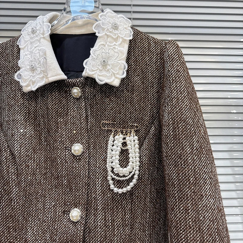 Winter New Fashion Temperament Style Chiffon Edge Bead Chain Brooch Cotton Inner Dress For Women Long Coat 11A07867