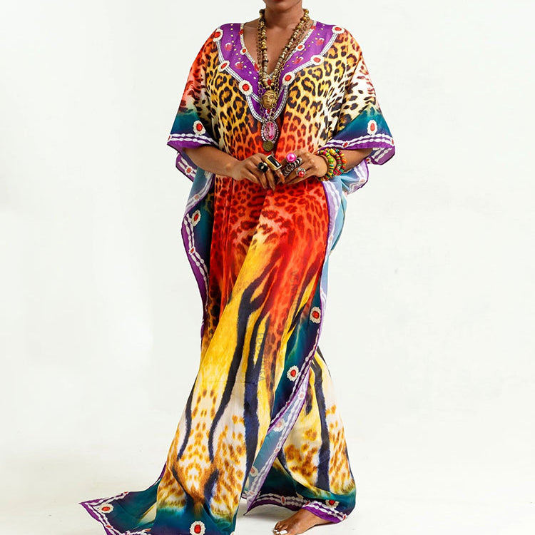 Plus Size Multicolored Loose Dress Cotton Tunic Women Large Size Beach Wear Kaftan Bohemian Printed Loose Beach Dresses Q990-1084 One Size