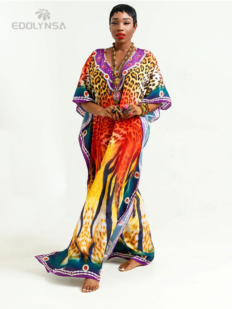 Plus Size Multicolored Loose Dress Cotton Tunic Women Large Size Beach Wear Kaftan Bohemian Printed Loose Beach Dresses Q990-1084 One Size