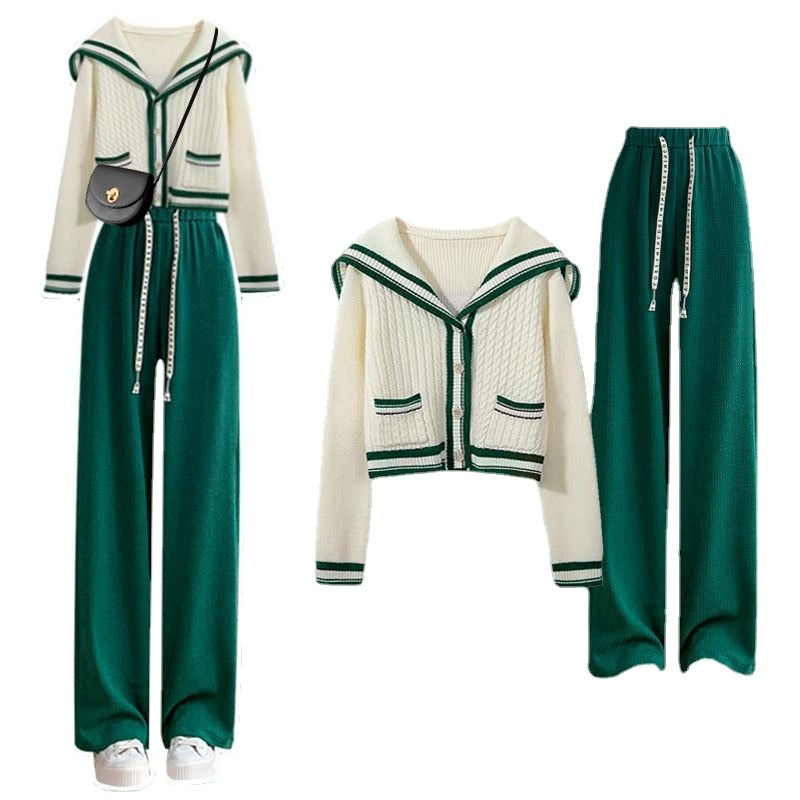 Sailor Collar Two Piece Set for Women Knitted Cardigan + Pant Sets Long Sleeve Korean Outfit Tracksuit 2024 New Knit Autumn Suit