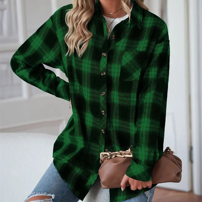 Flannel Plaid Shirt Women Autumn Loose Button Up Lapels Tops Casual Checkered Long Sleeve Blouse Ladies Pockets Basic Female New