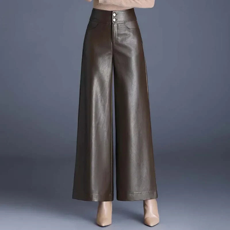 ZUZK Women PU Leather Wed Leg Pants Autumn Winter Fashion Warm Long Leather Pants Elegant LeatherTrousers Coffee