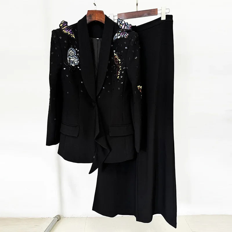 Solid Two Piece Sets for Women Notched Neck Long Sleeve Spliced Sequins Blazer High Waist Wide Leg Pants Set Female BLACK