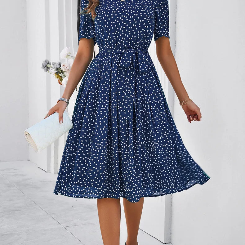 Elegant Office Lady Lace Up Dress Women Casual Short Sleeved Women's Dress 2024 Spring Summer New Polo Dot Printed Dress Up