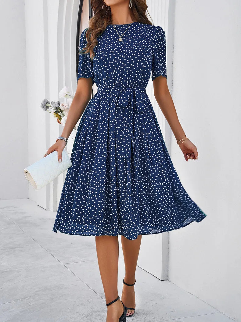 Elegant Office Lady Lace Up Dress Women Casual Short Sleeved Women's Dress 2024 Spring Summer New Polo Dot Printed Dress Up