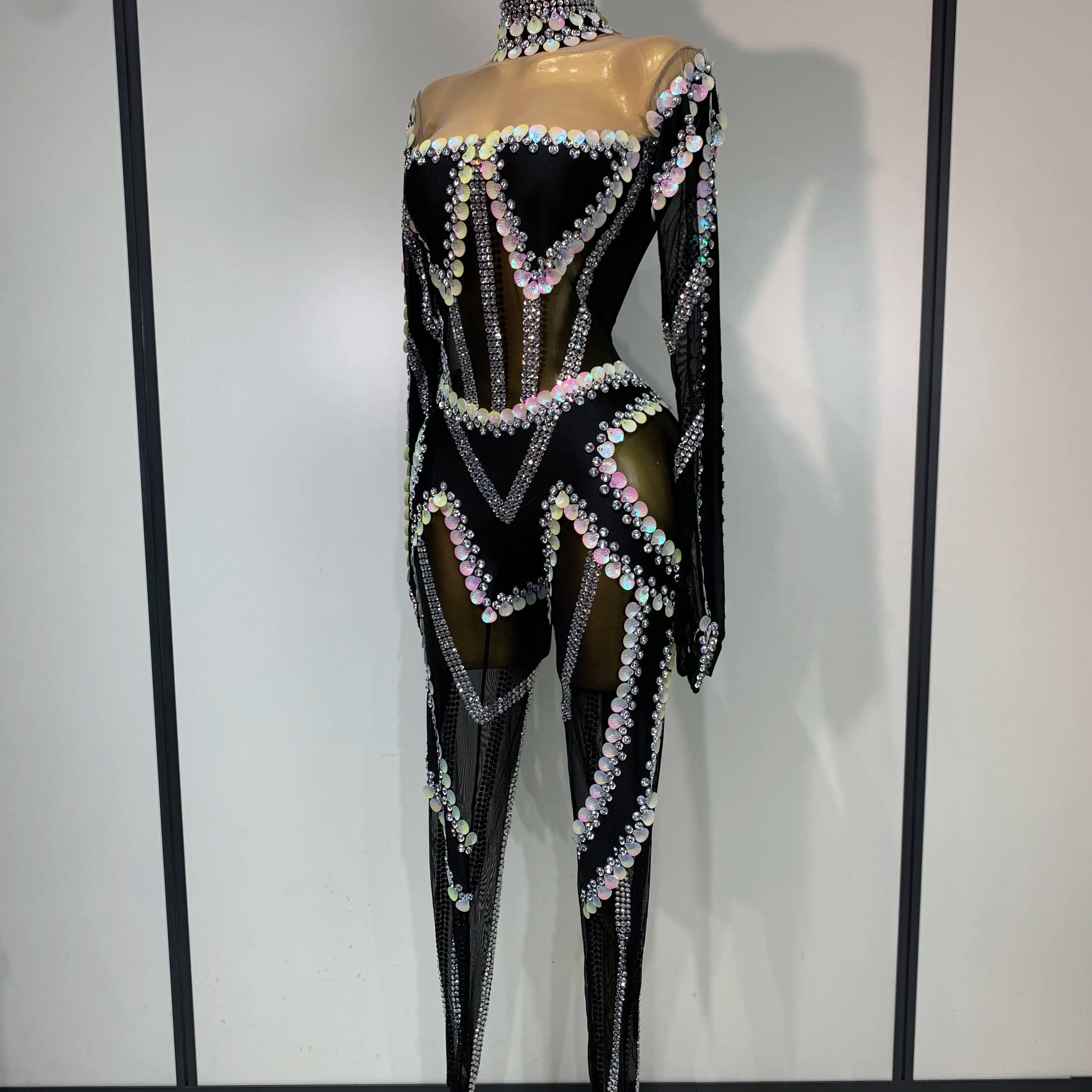 Women Sexy Long Sleeve Sparkly Crystal Sequin Mesh Jumpsuit Nightclub Cos Party Dancer Performance Costume Stage Outfit