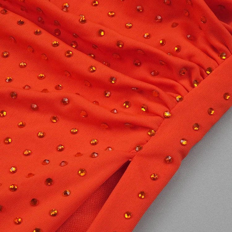 Orange Halter Sleeveless Cut Out Log Dress Diamonds Maxi Bodycon Elegant Party Evening Stage Performance Vestido