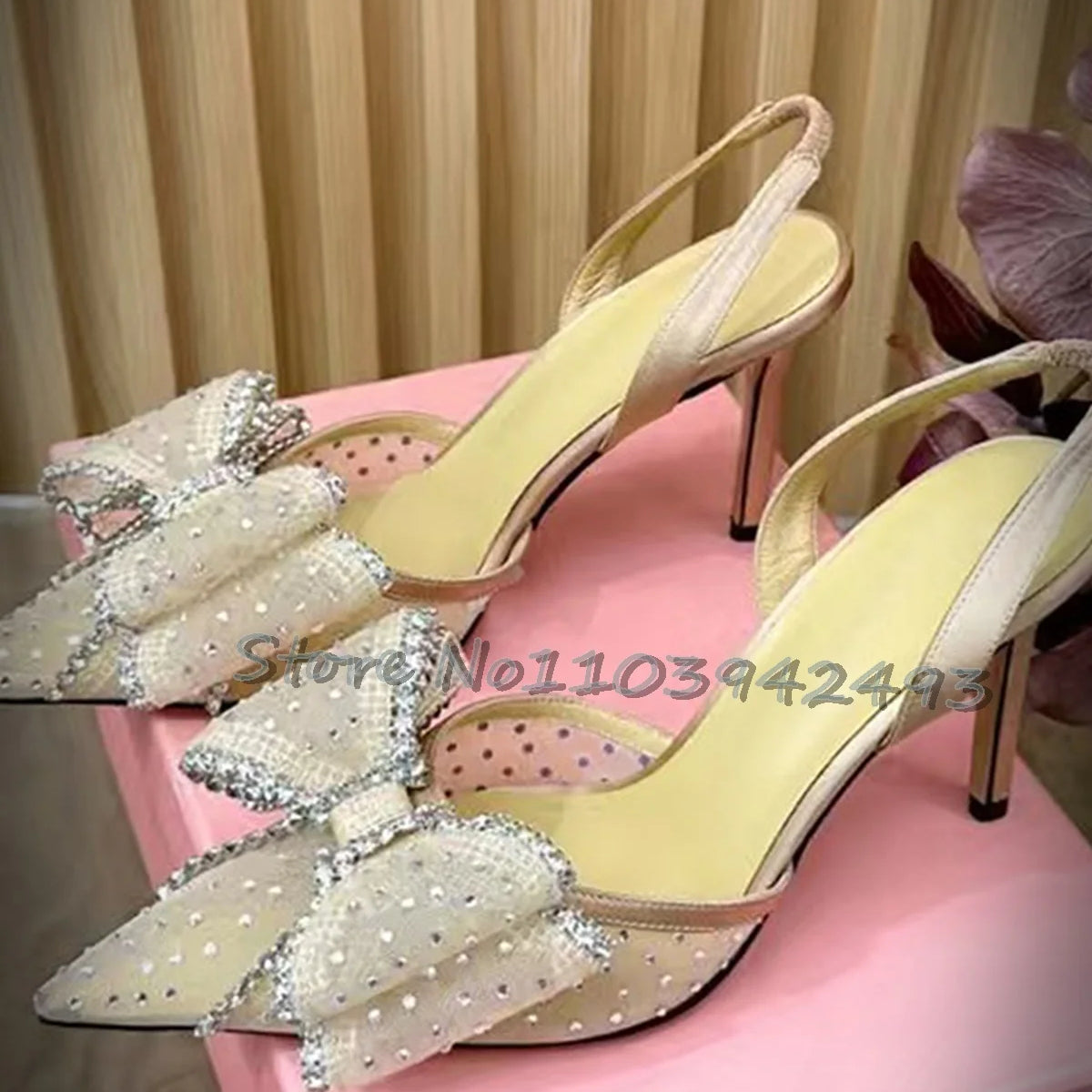 Rhinestones Mesh Heeled Sandals Pink Heels Slip On Pull On Shoes Summer Butterfly-knot Women Luxury Designer Shoe Fairy Sandalia Apricot