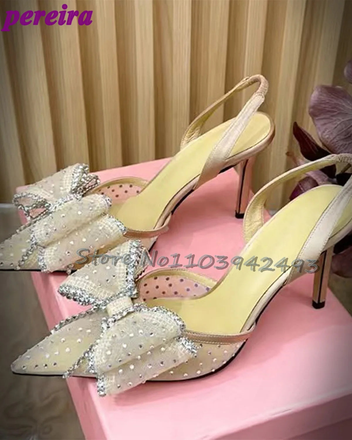 Rhinestones Mesh Heeled Sandals Pink Heels Slip On Pull On Shoes Summer Butterfly-knot Women Luxury Designer Shoe Fairy Sandalia Apricot