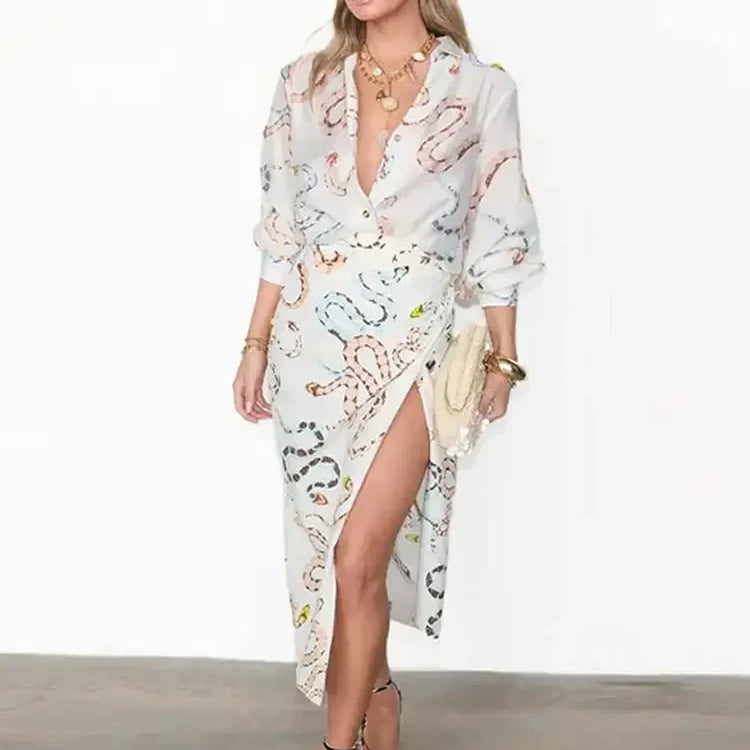 Snake Print Long Sleeve Shirt Split Skirt 2 Pcs Set Women Single Breasted Loose Lapel Short Dress Set Summer Chic Female Suits