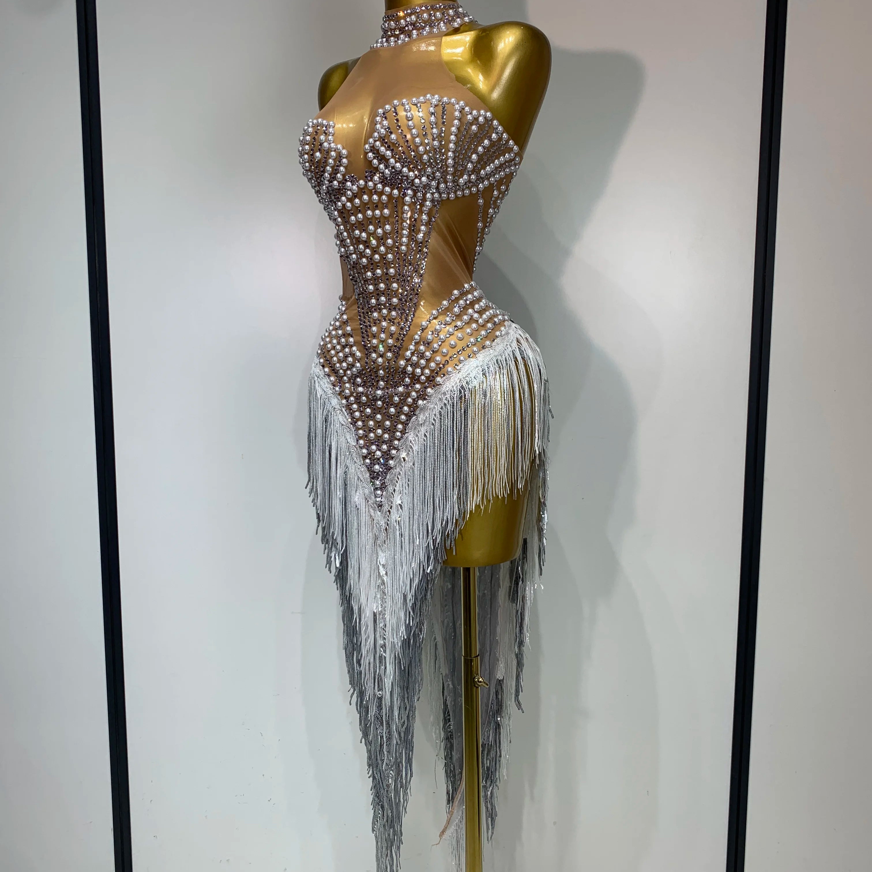 Women Sparkly Rhinestones Pearls Tassel Sexy Mesh See Through Dress Latin Dance Outfits Bar Nightclub Party Stage Costume