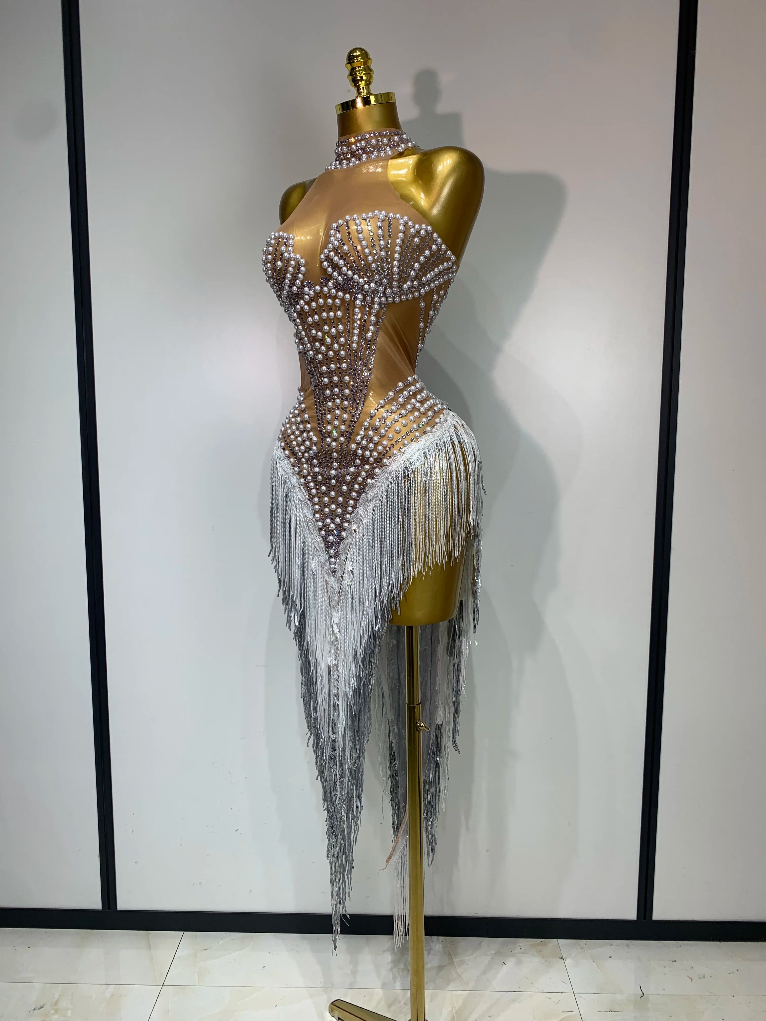 Women Sparkly Rhinestones Pearls Tassel Sexy Mesh See Through Dress Latin Dance Outfits Bar Nightclub Party Stage Costume