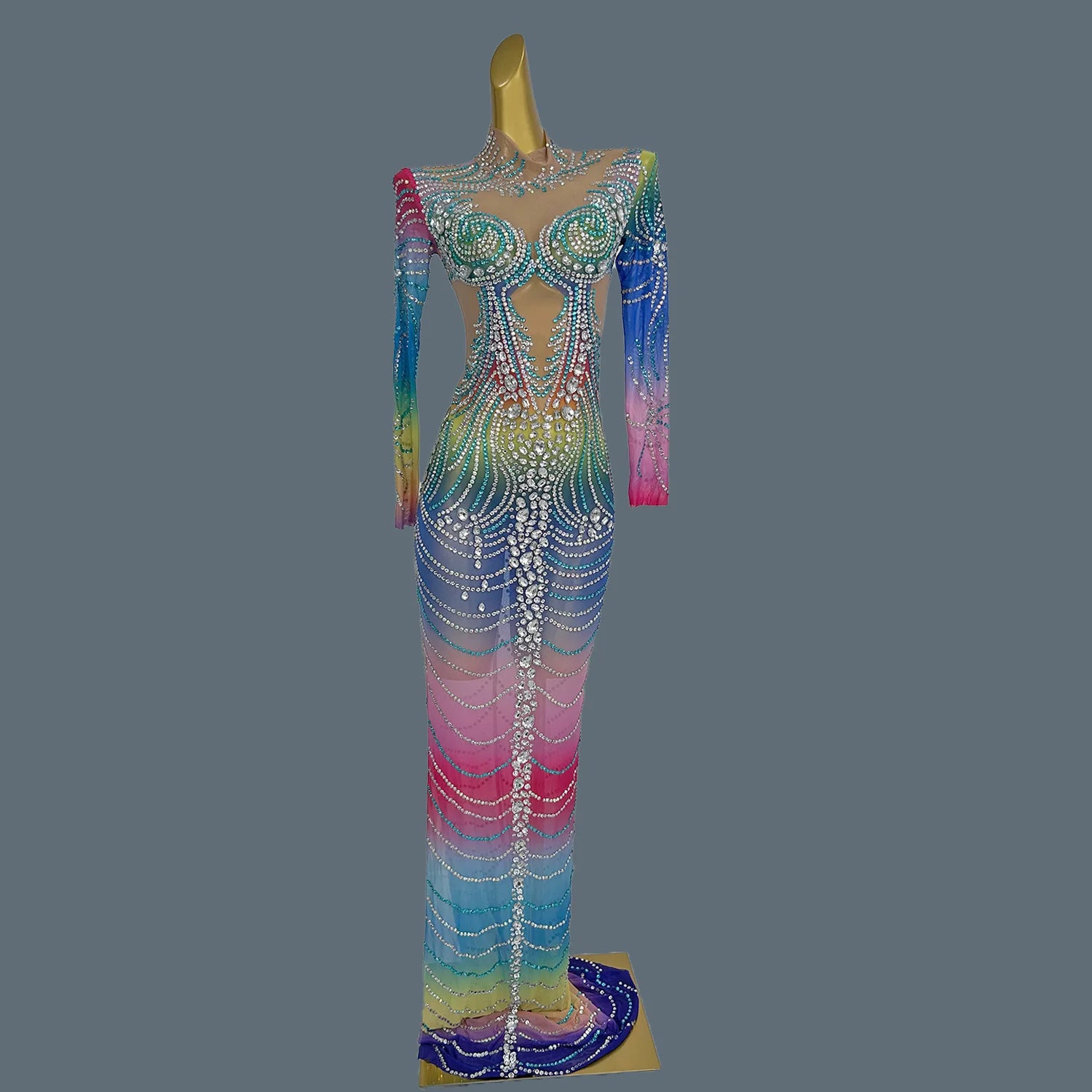 New Long Festival Dress Women Luxury Colorful Rhinestones Evening Celebrate Bithday Party Gown for Special Events Lanshuixing Mixed Color