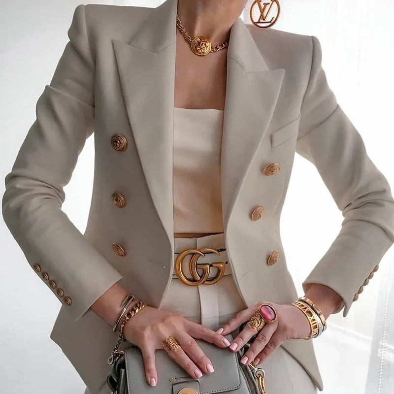 Women Blazer Double Breasted Solid Color Slim Long Sleeve Business Casual Fashion Short Coat Office Ladies Female Suit Jacket light khaki