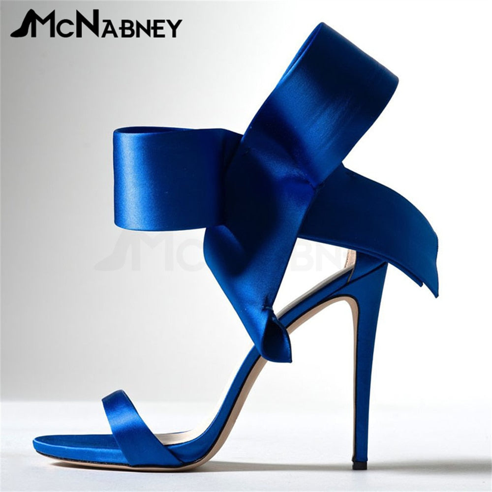 Satin Butterfly Knot High Heels Stiletto Pointed Toe Sandals Luxury Style Shoes Fashion High Heels Shiny Rhinestone Sandals Satin-Blue