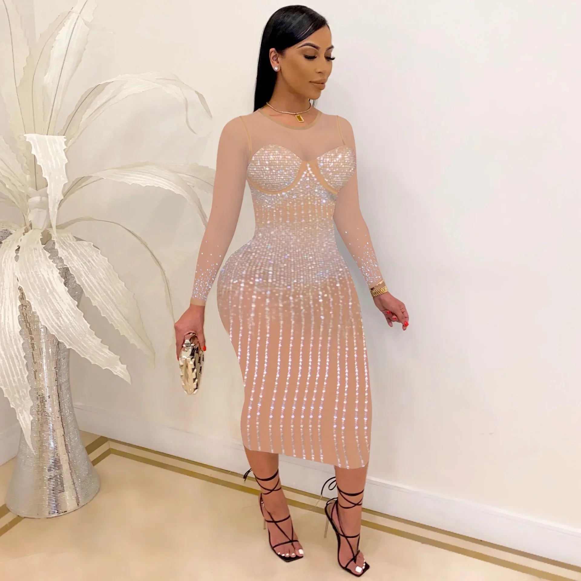 Mesh See Though Hot Rhinestones Plunging V-neck Midi Bodycon Dress Women Sexy Club Party Dresses Pencil Vestidos Apricot full sleeve