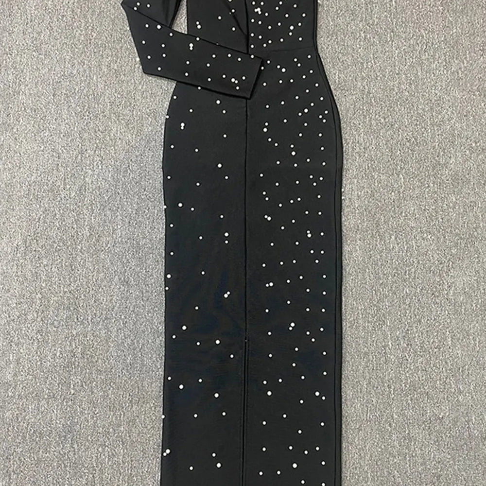 2024 Sexy Women's Light Luxury Pearl Design Bandage Dress with Diagonal Collar One Shoulder Long Sleeve Bodycon Christmas Dress