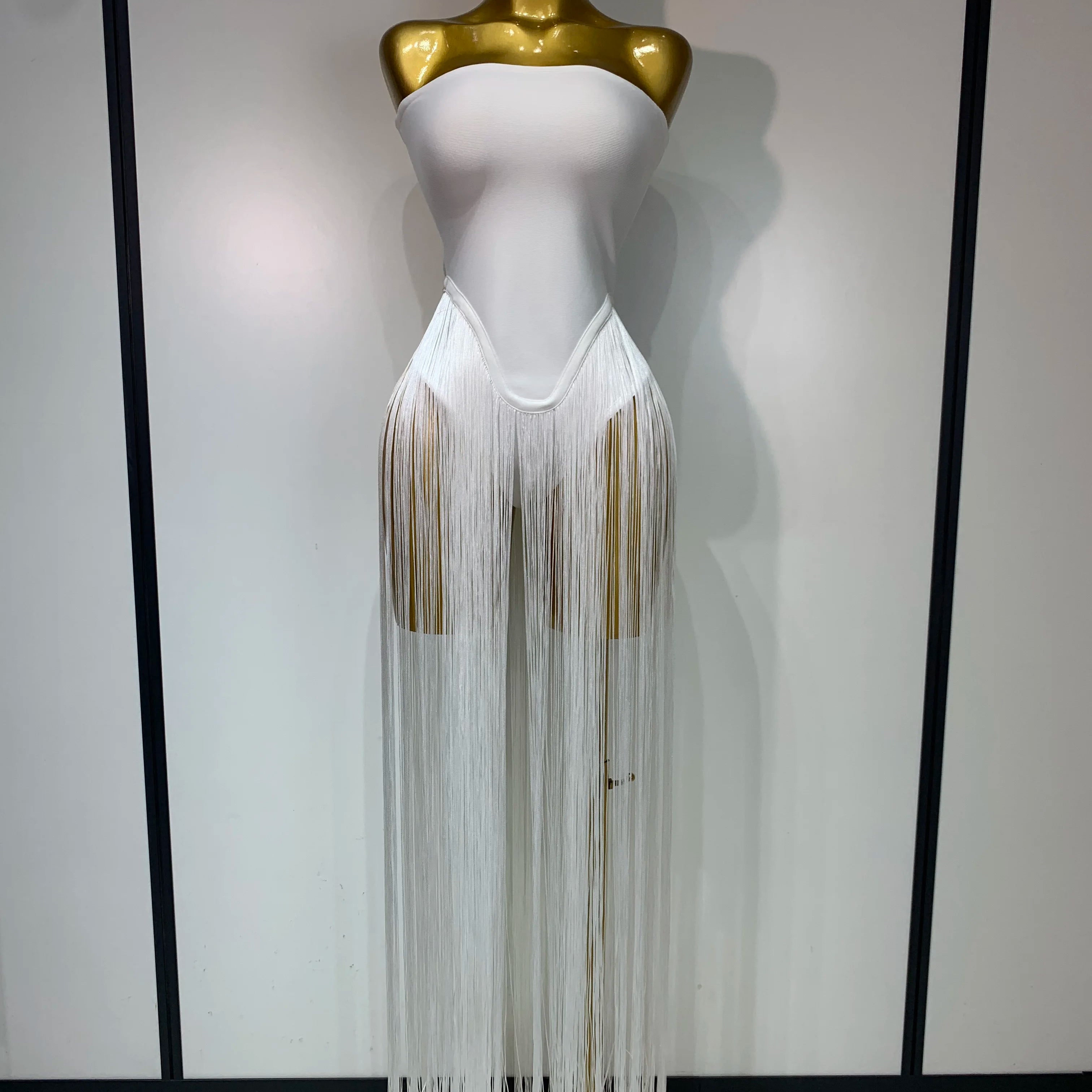 Fashion Design Long Tassel Patchwork Strapless Bandage Bodysuit Women Sexy High Street Evening Party Nightclub Hotwife Outfit WHITE