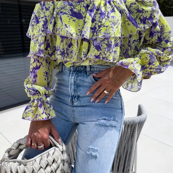 Summer Fashion Off Shoulder Printed Chiffon B LouseWomen Sexy Beach Style Slash Neck Ruffle Chiffon Blouse Women Yellow